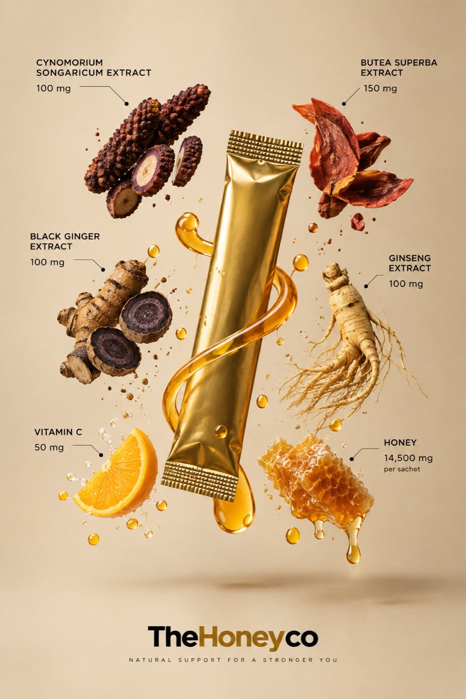 Each ingredient in a TheHoneyCo sachet, labelled with its dose