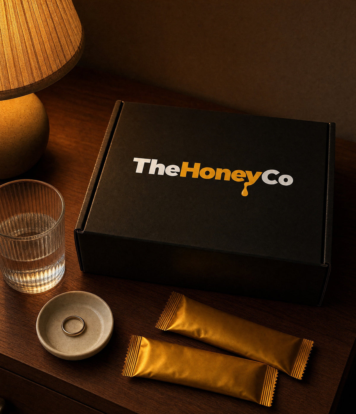 A closed TheHoneyCo box on a wooden bedside table with a warm lamp, a glass of water and two gold honey sachets