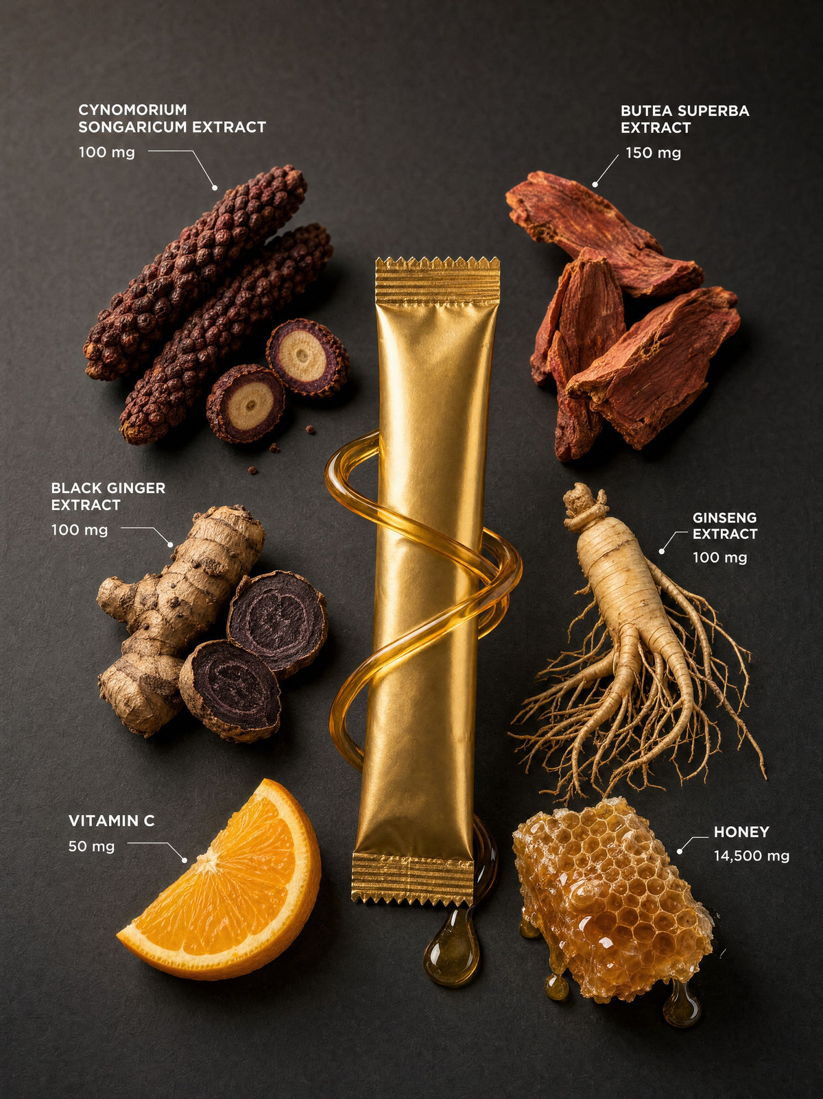 A gold TheHoneyCo honey sachet with its six ingredients, each labelled with its amount per sachet