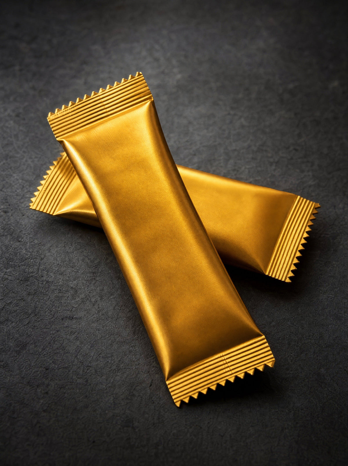 Two gold TheHoneyCo honey sachets on dark stone