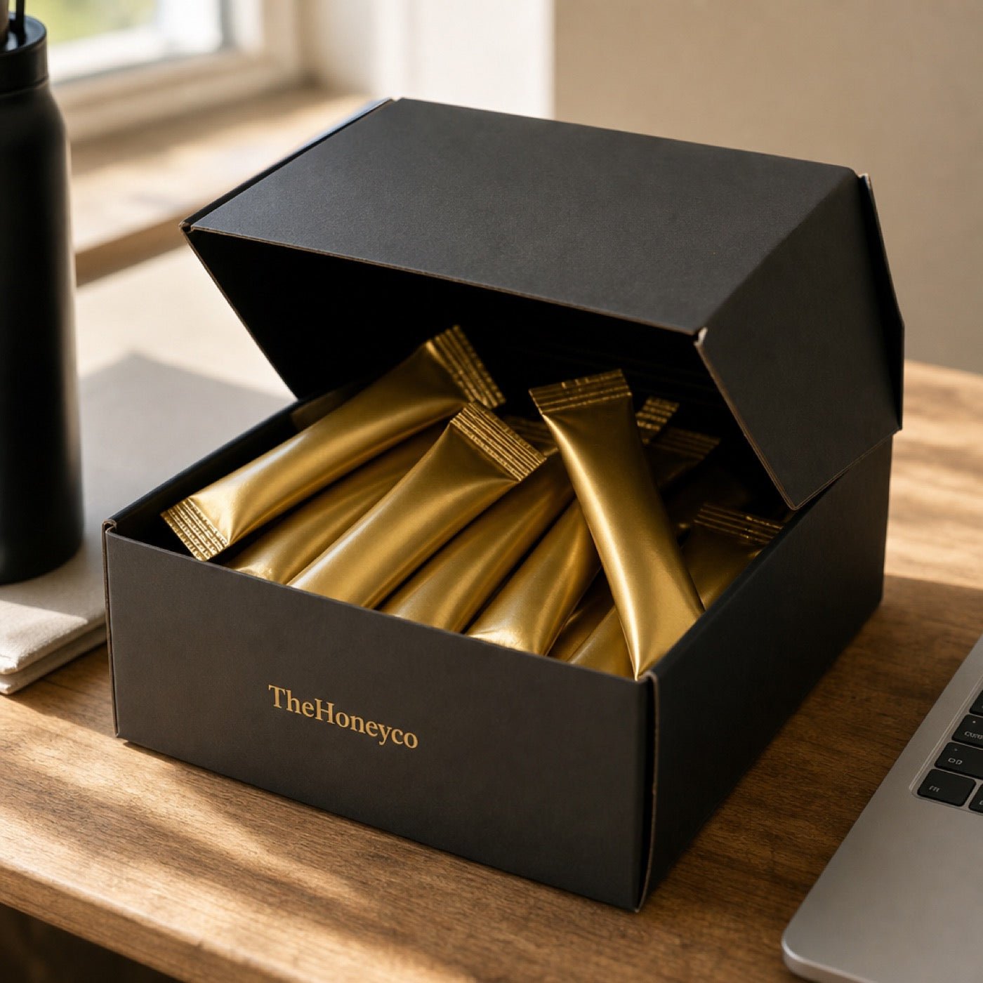 An open TheHoneyCo box of sachets on a desk