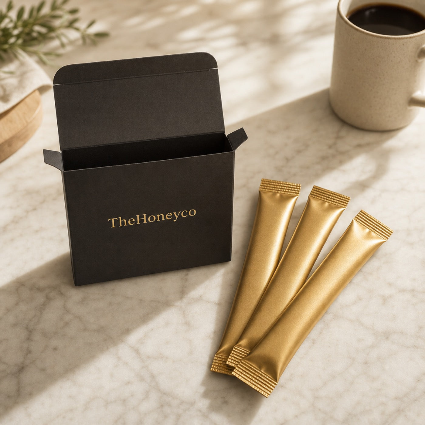 TheHoneyCo sachets beside a morning coffee
