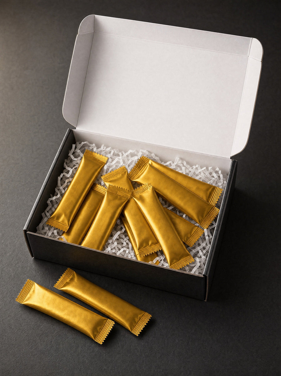 An open TheHoneyCo box with gold honey sachets in white paper, two more sachets in front