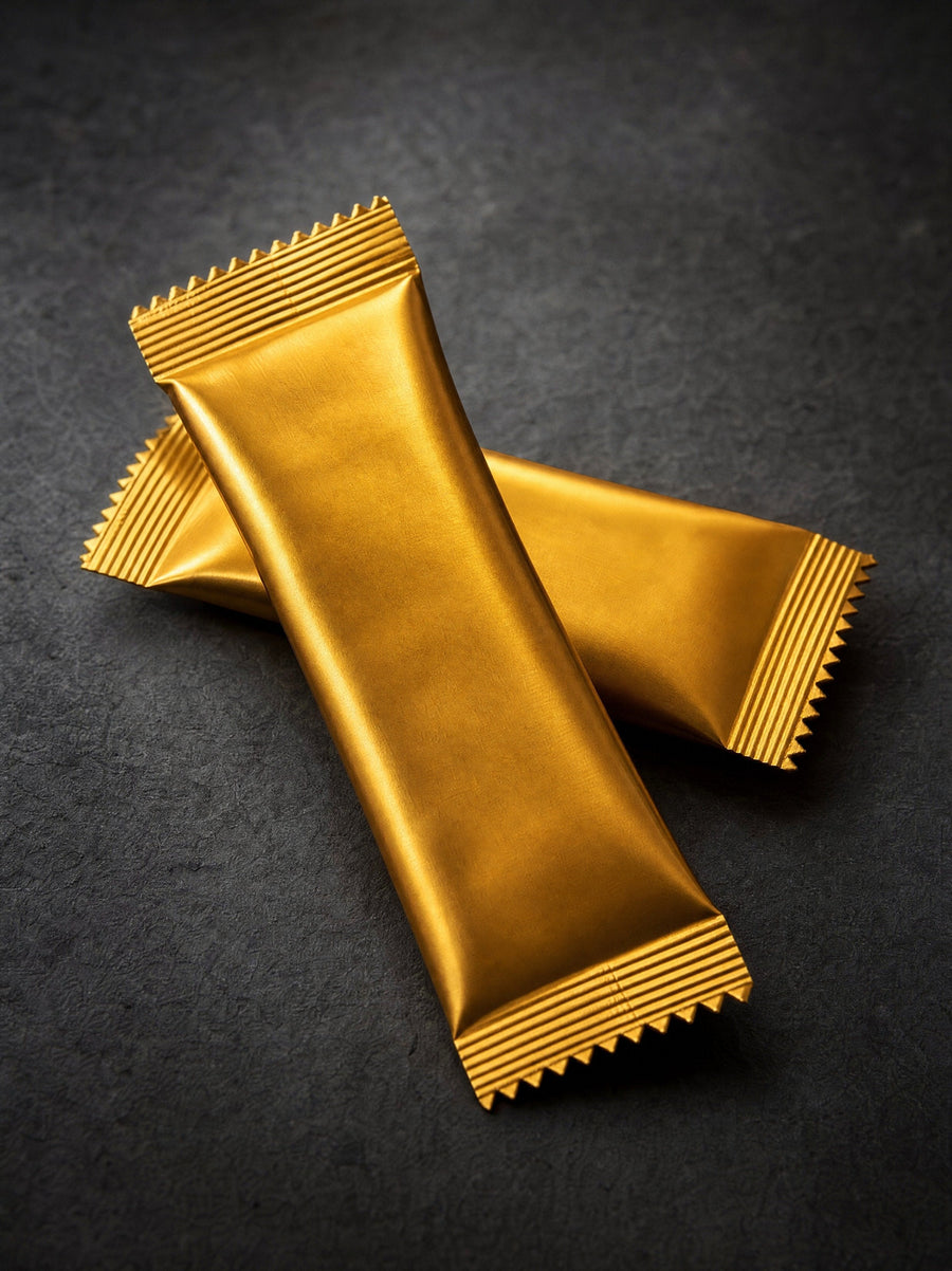 Two gold TheHoneyCo honey sachets on dark stone